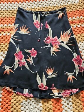 90s Silk Tommy Bahama Hawaiian Skirt Bird of Paradise Hibiscus Floral Vintage